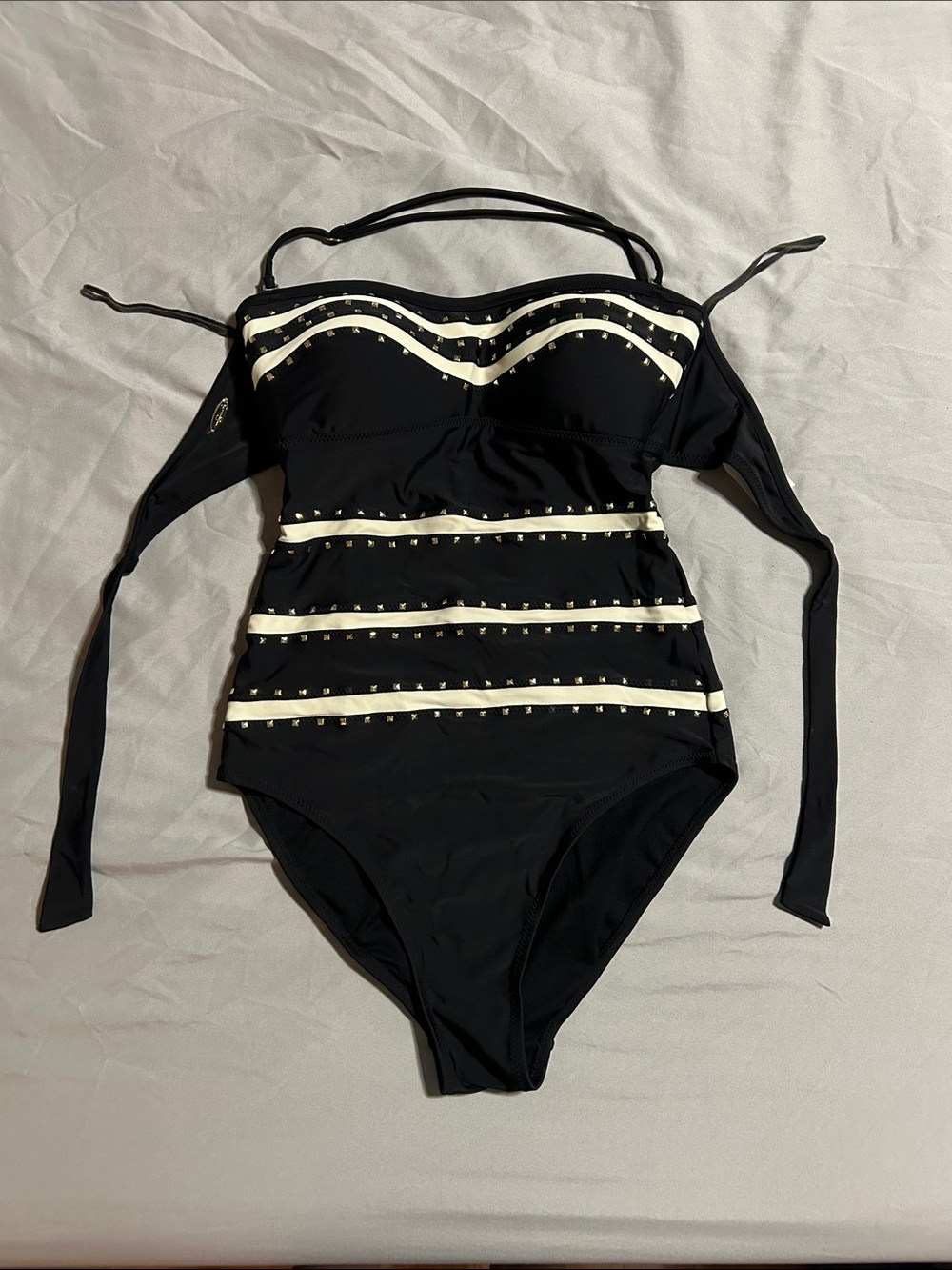 Jessica Simpson Black One-Piece Swimsuit with Cream Stripe Details